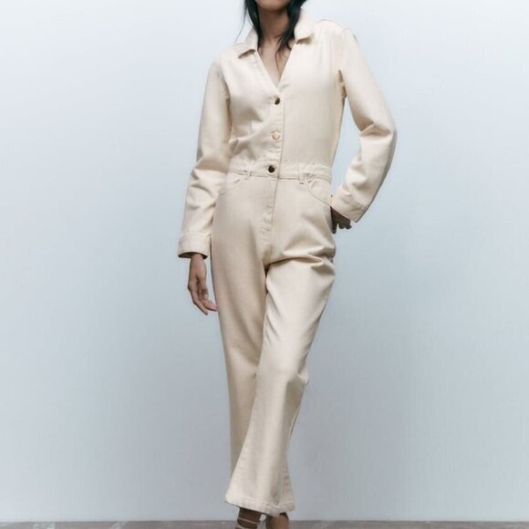 NEW Zara Cream Denim Gold Button Long Sleeve Jumpsuit Sz M [1] - Picture 1 of 14
